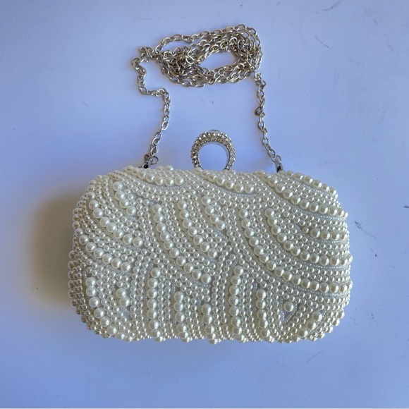 Vintage Pearl Purse White Shoulder Bag Elegant Wedding Prom Formal Handbag Small - Picture 2 of 12